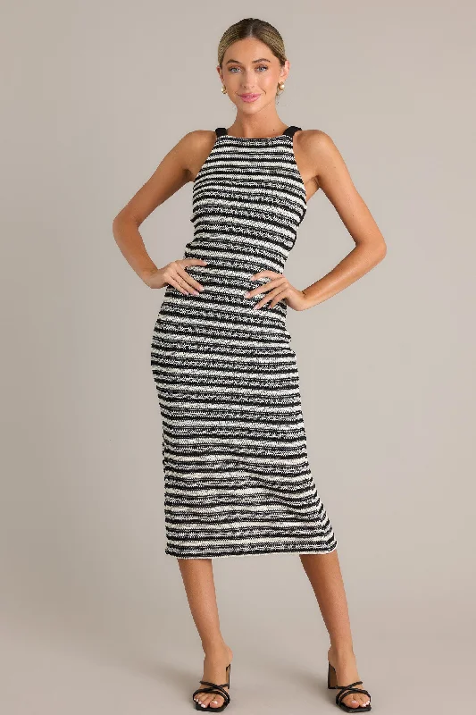 Flirty Vibes Black Stripe Knit Midi Dress