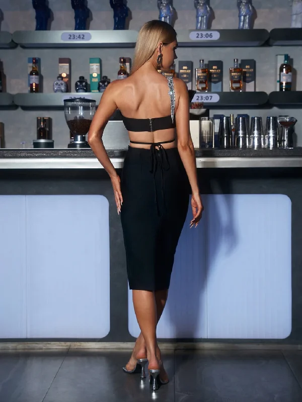 ""Juana"" Black One Shoulder Embellished Two Piece Bandage Set