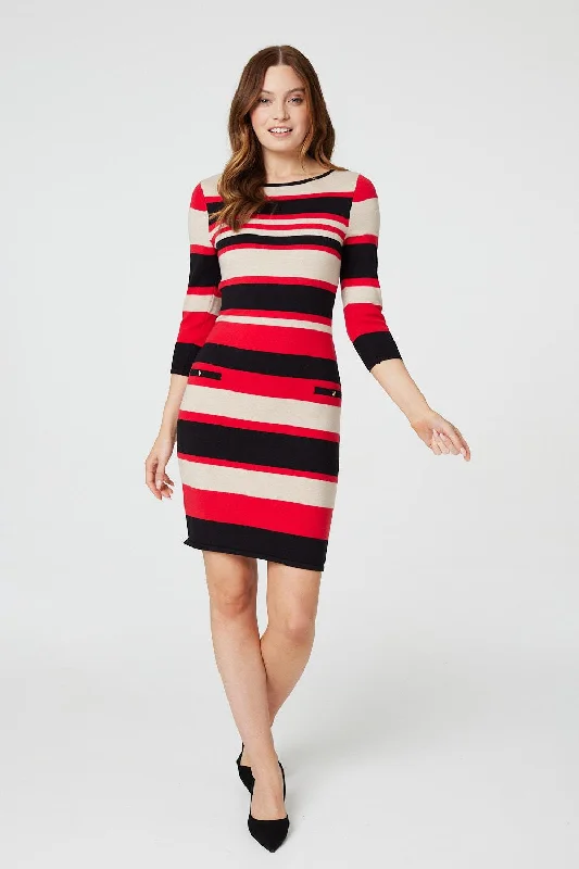 Striped Pocket Detail Knit Dress