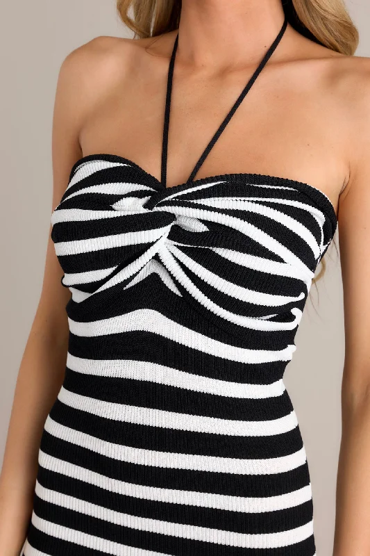 Monochrome Mood Black Stripe Halter Maxi Dress