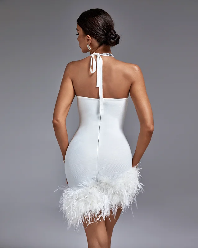 ""Naima"" White Feather Crystal Stone Embellished Halter Bandage Dress