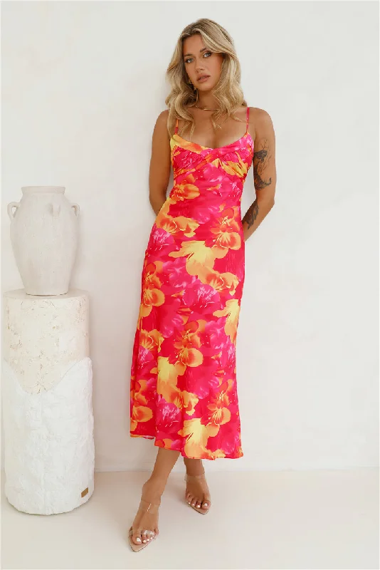 Strawberry Summer Satin Maxi Dress Pink