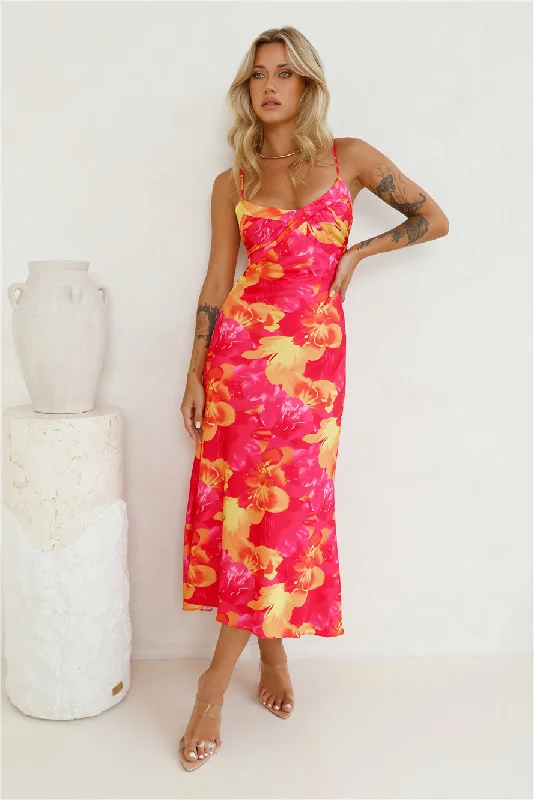 Strawberry Summer Satin Maxi Dress Pink