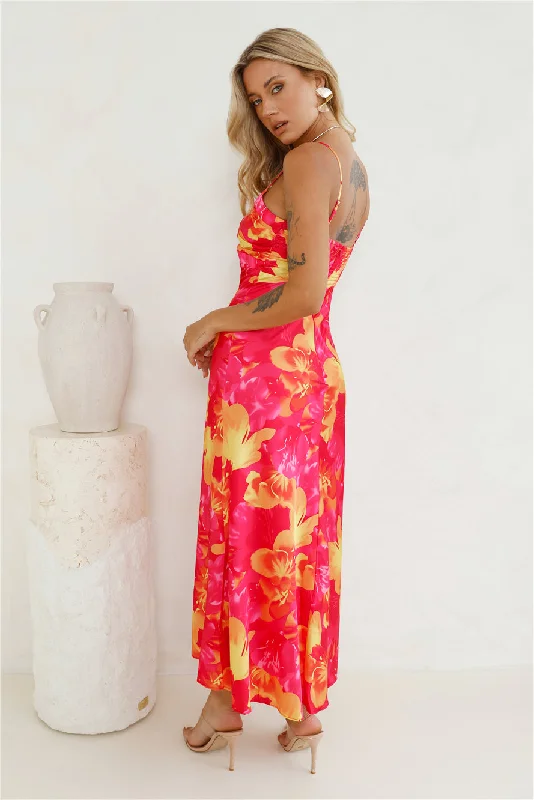 Strawberry Summer Satin Maxi Dress Pink