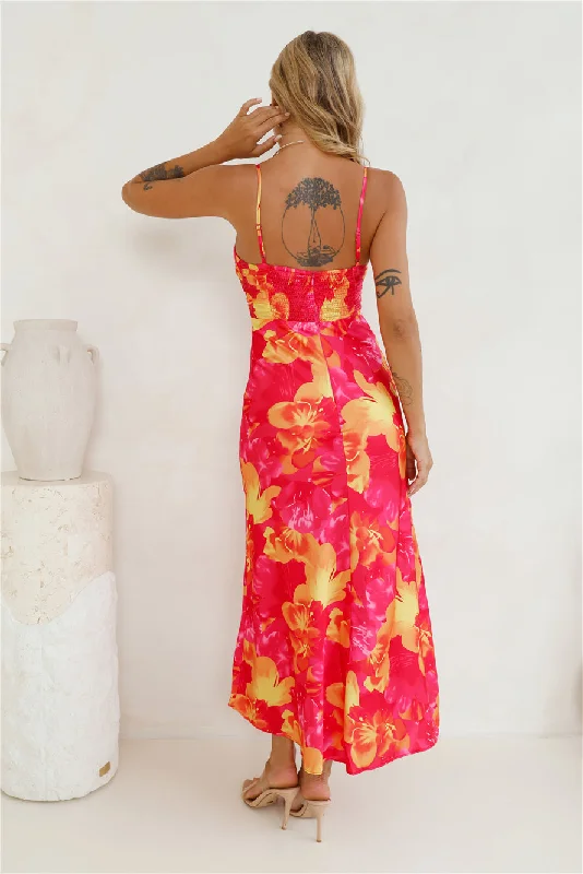 Strawberry Summer Satin Maxi Dress Pink