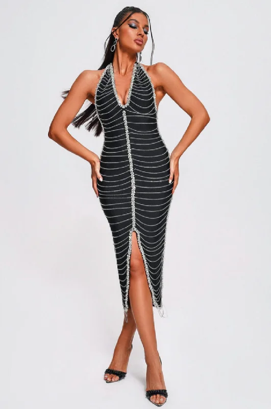 ""Xiomara"" Black Embellished Front Slit Halter Bandage Dress