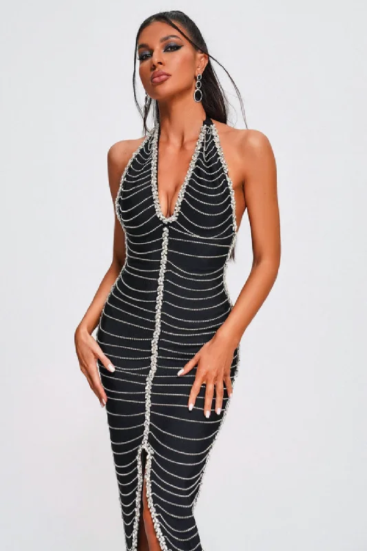 ""Xiomara"" Black Embellished Front Slit Halter Bandage Dress