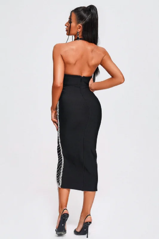 ""Xiomara"" Black Embellished Front Slit Halter Bandage Dress