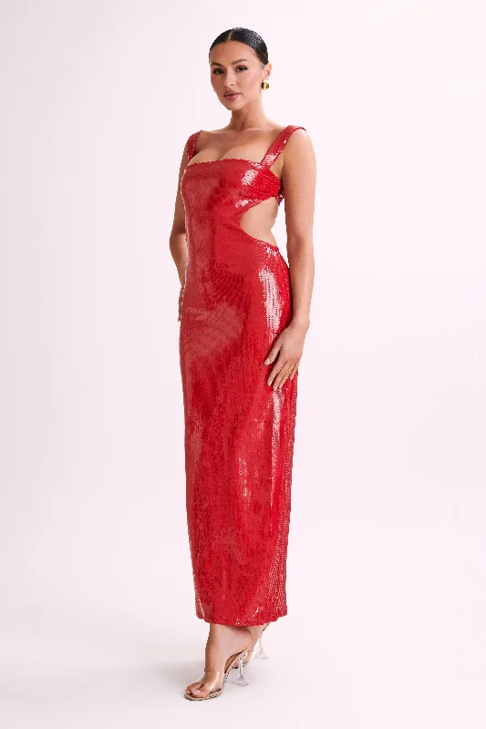 Adoria Sequin Cut Out Maxi Dress - Red