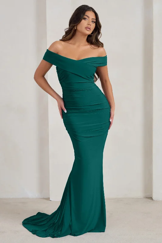 Apolline | Bottle Green Off The Shoulder Ruched Fishtail Maxi Dress