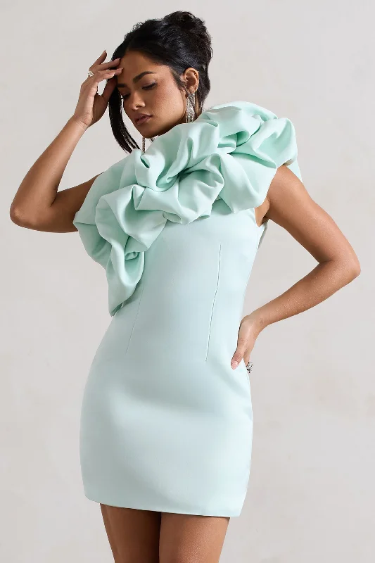 At The Opera | Mint Satin One Shoulder Ruffled Mini Dress