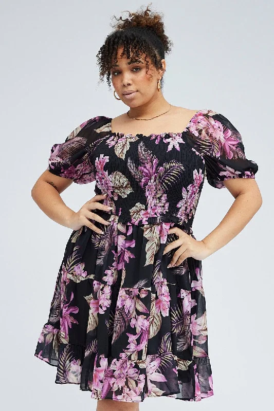 Black Floral Fit And Flare Dress Short Sleeve Shirred Chiffon