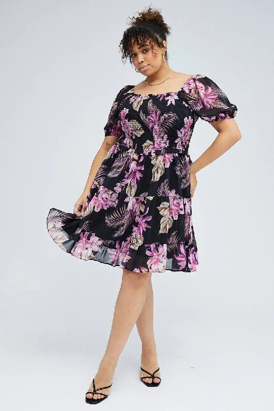 Black Floral Fit And Flare Dress Short Sleeve Shirred Chiffon