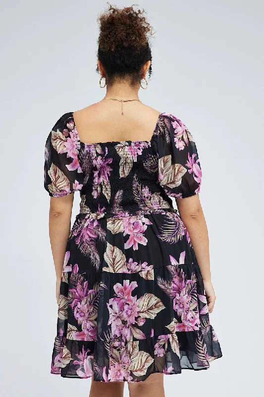 Black Floral Fit And Flare Dress Short Sleeve Shirred Chiffon