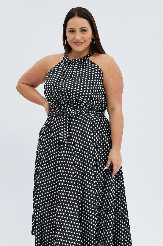 Black Polka Dot Midi Dress Sleeveless High Neck Satin