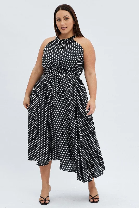 Black Polka Dot Midi Dress Sleeveless High Neck Satin