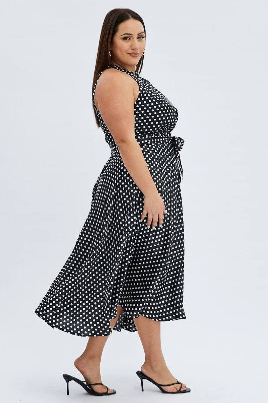 Black Polka Dot Midi Dress Sleeveless High Neck Satin