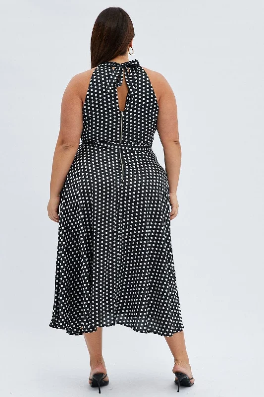 Black Polka Dot Midi Dress Sleeveless High Neck Satin