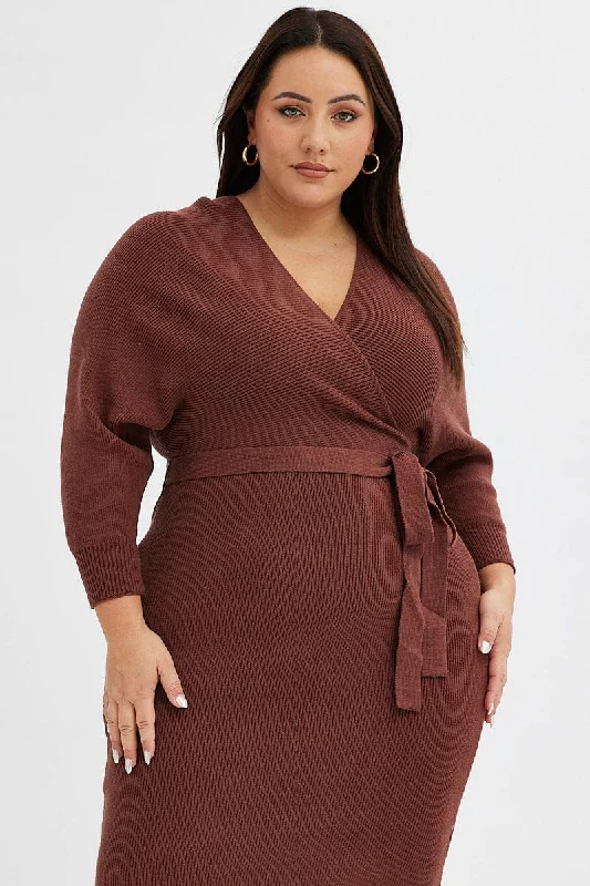 Brown Knit Dress Long Sleeve Rib Cross Front