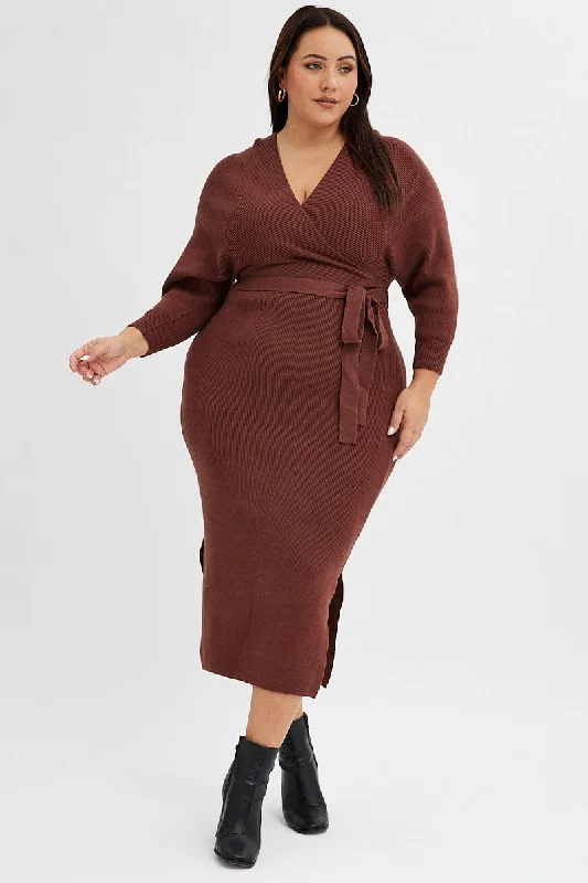 Brown Knit Dress Long Sleeve Rib Cross Front