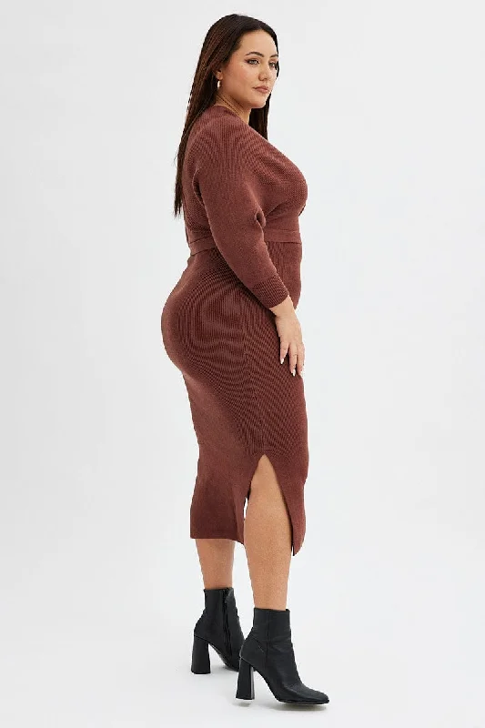 Brown Knit Dress Long Sleeve Rib Cross Front