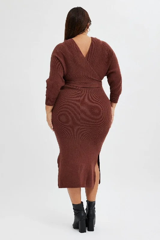 Brown Knit Dress Long Sleeve Rib Cross Front