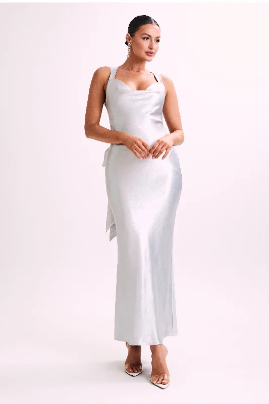 Caellie Satin Cowl Maxi Dress - Silver