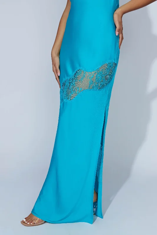 Chandra Lace Detail Satin Maxi Dress - Aquamarine