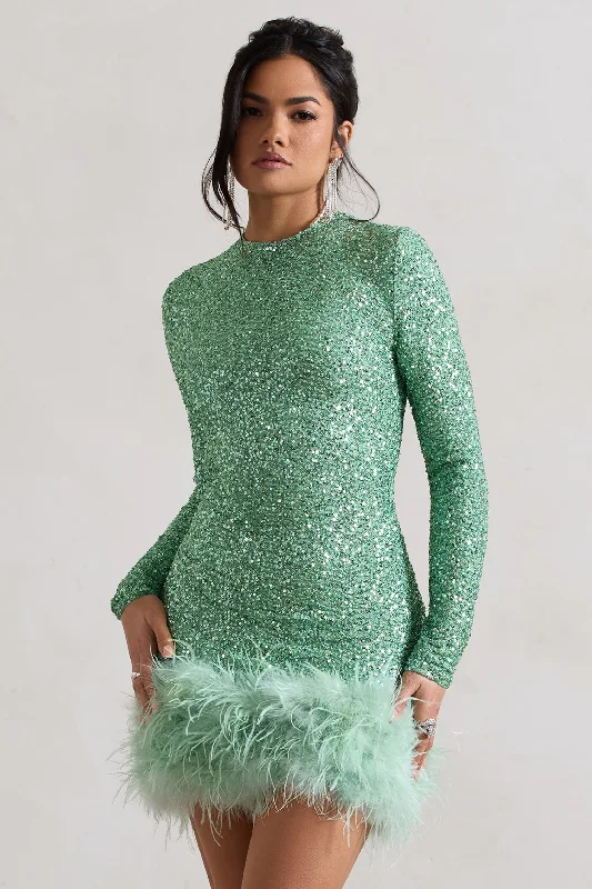 Claudia | Mint Sequin High Neck Feather Hem Mini Dress With Long Sleeves