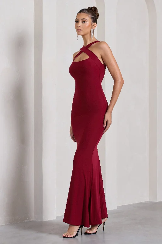 Cross My Heart | Berry Red Sleeveless Cross-Neck Maxi Dress