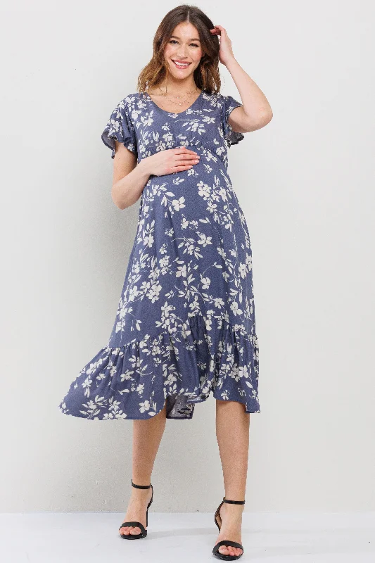 Floral V-Neck Midi Maternity Dress with a Ruffled Hem