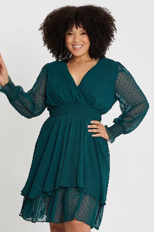 Green Long Sleeve Flocked Chiffon Skater Dress