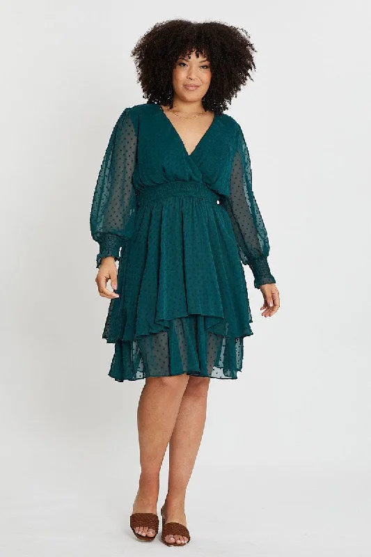 Green Long Sleeve Flocked Chiffon Skater Dress