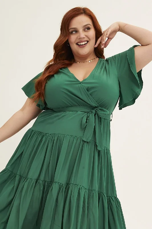 Green Midi Dress V-neck Tie