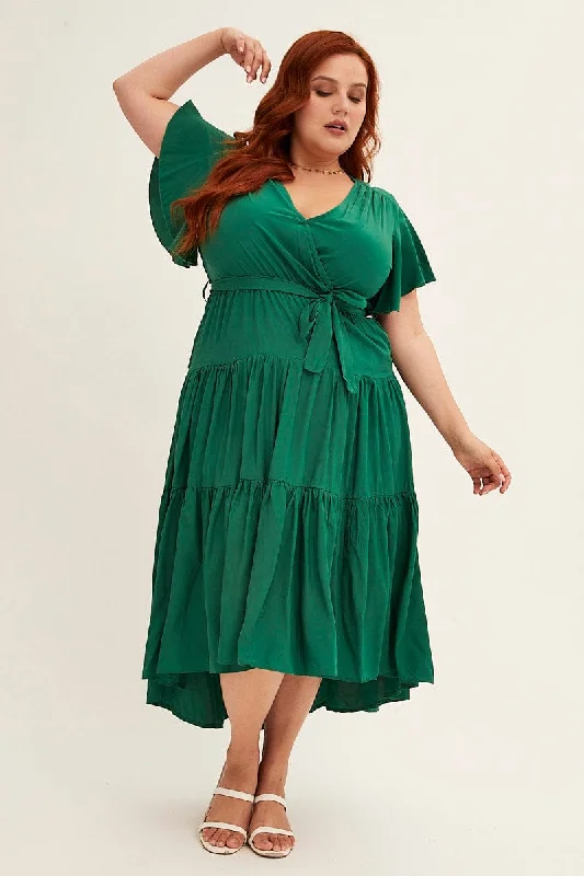 Green Midi Dress V-neck Tie