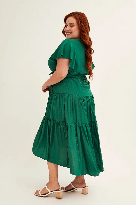 Green Midi Dress V-neck Tie