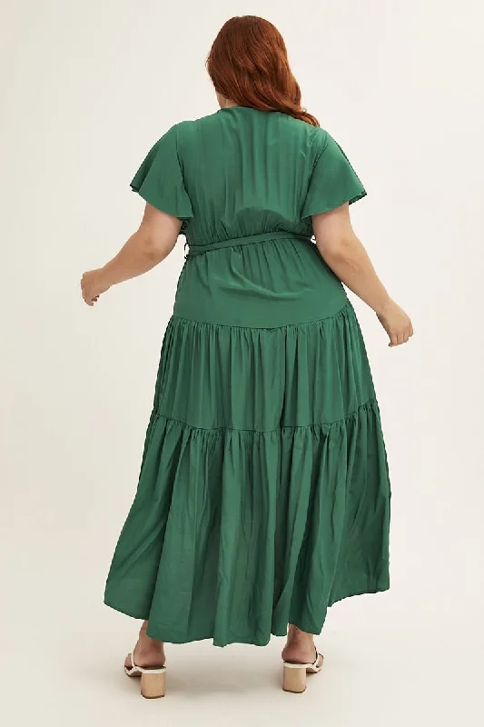 Green Midi Dress V-neck Tie