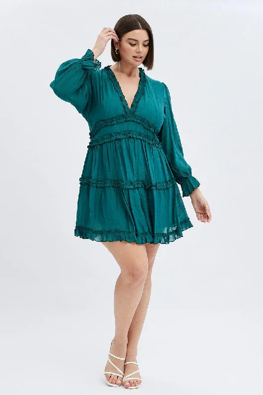 Green Mini Dress Textured Chiffon Frill Long Sleeve