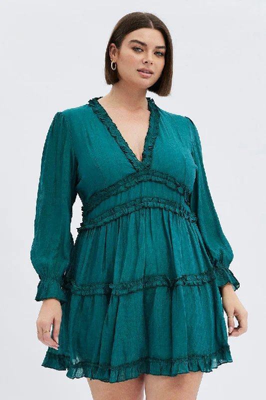 Green Mini Dress Textured Chiffon Frill Long Sleeve