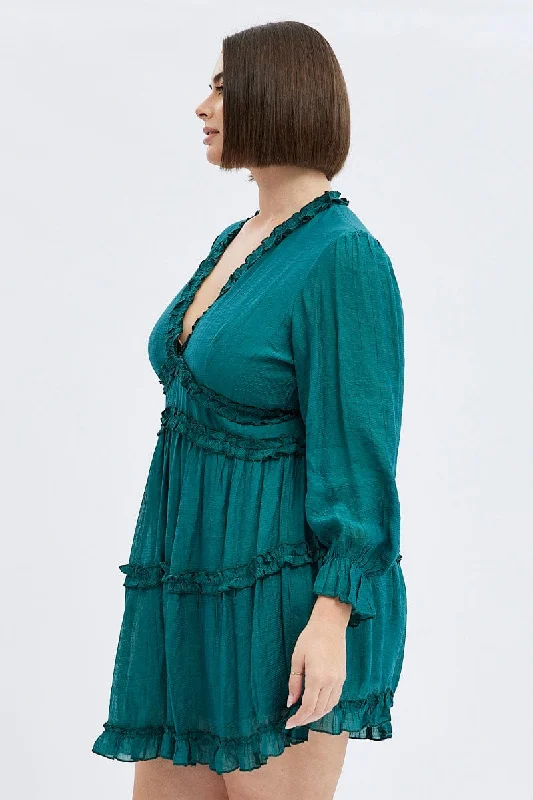 Green Mini Dress Textured Chiffon Frill Long Sleeve