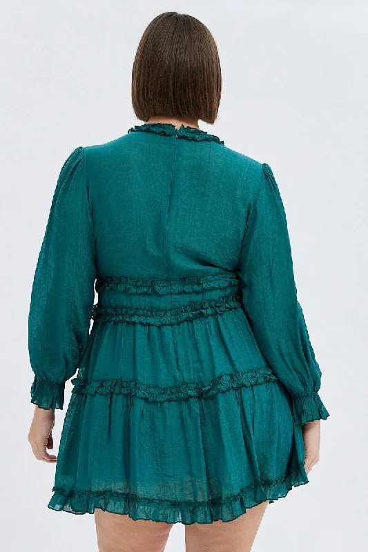 Green Mini Dress Textured Chiffon Frill Long Sleeve