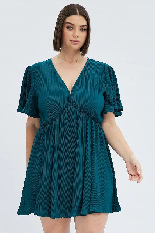 Green Mini Dress V-neck Short Sleeve Plisse