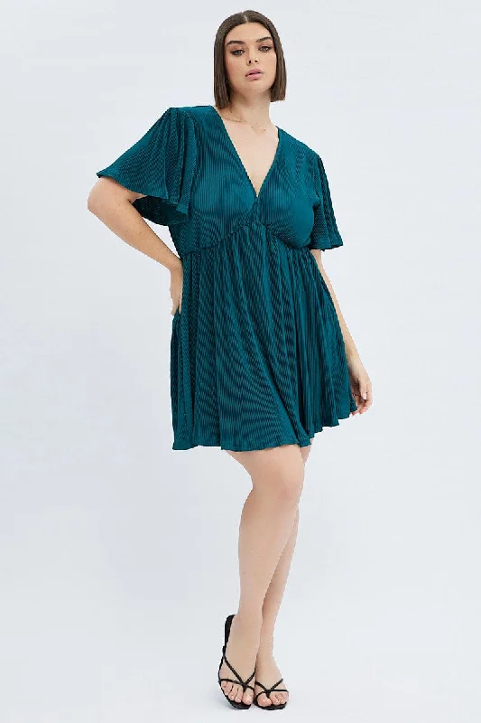 Green Mini Dress V-neck Short Sleeve Plisse