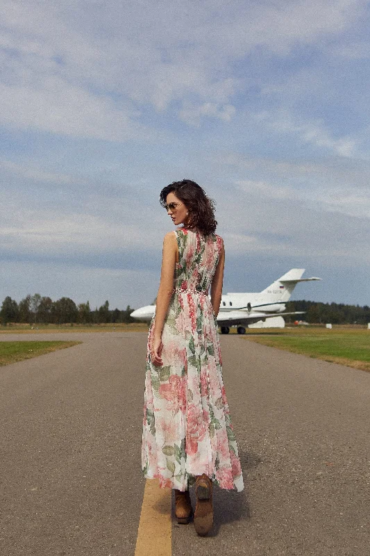 High Neck Flower Print Maxi Dress