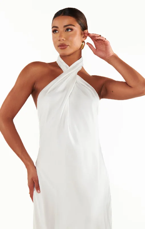 Jasmine Halter Midi Dress ~ Ivory Luxe Satin