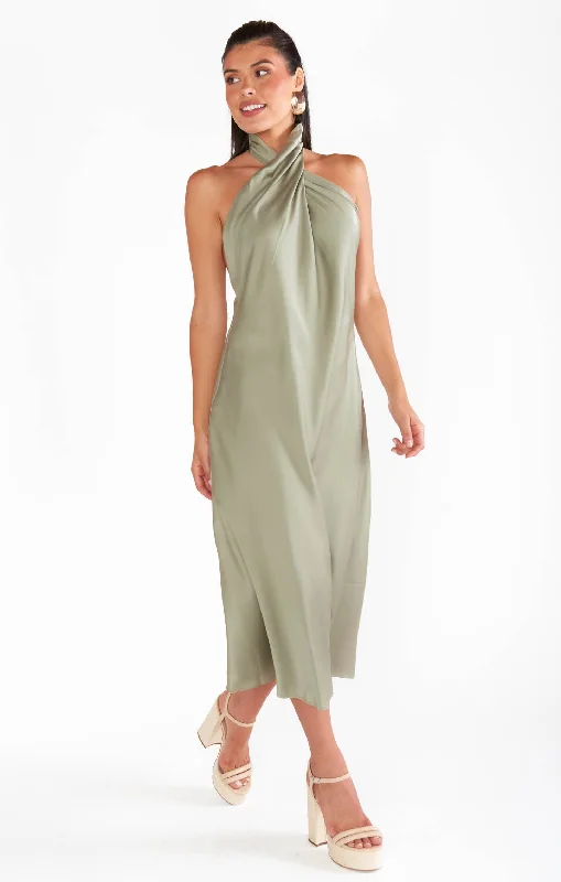 Jasmine Halter Midi Dress ~ Moss Green Luxe Satin