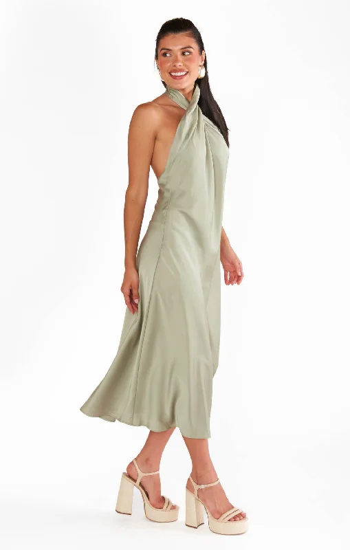 Jasmine Halter Midi Dress ~ Moss Green Luxe Satin