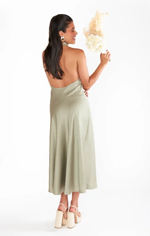 Jasmine Halter Midi Dress ~ Moss Green Luxe Satin