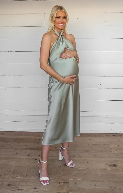 Jasmine Halter Midi Dress ~ Moss Green Luxe Satin