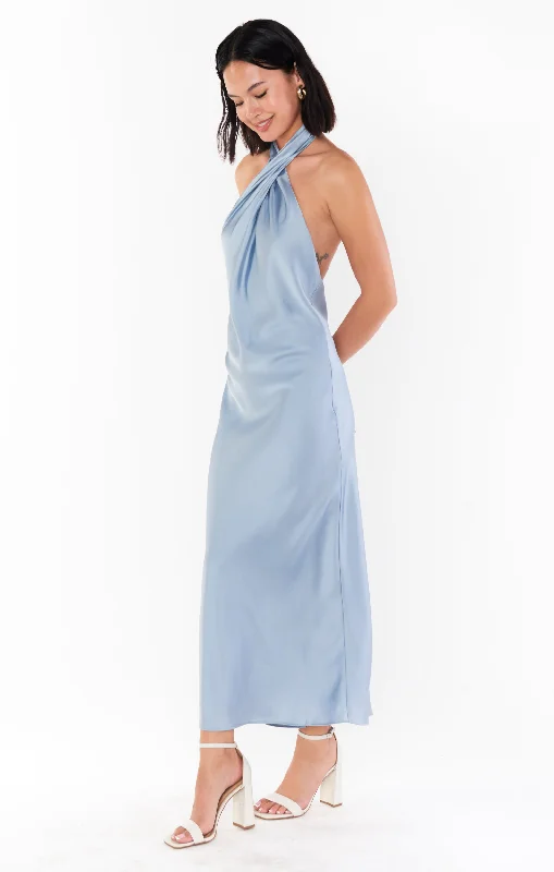 Jasmine Halter Midi Dress ~ Steel Blue Luxe Satin